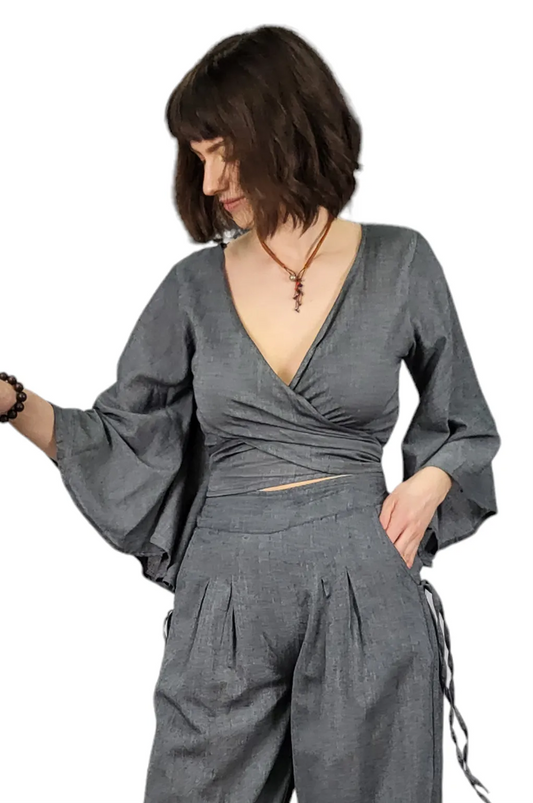 Solid Bell Sleeve Wrap Top