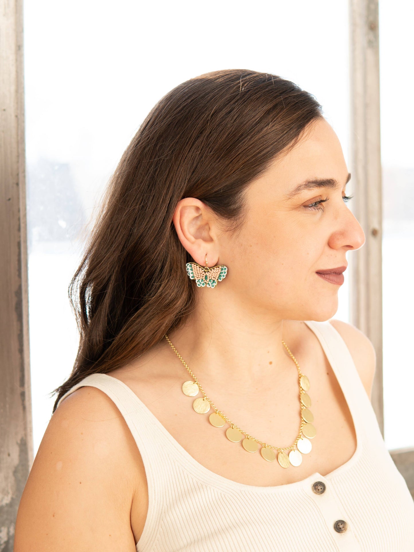 Beaded Butterfly Earrings: Pink/Green