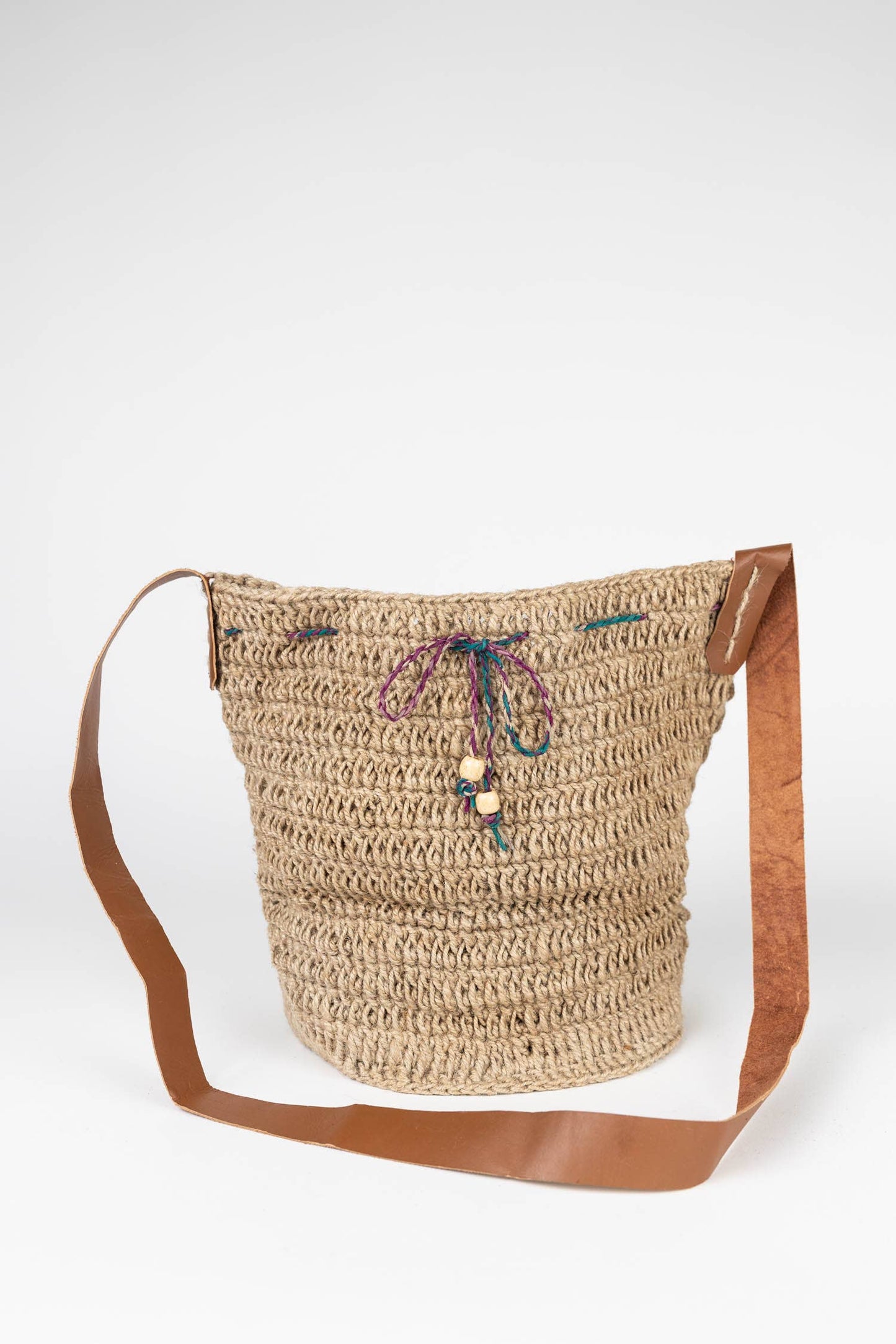 Jute Bucket Bag - Leather Strap