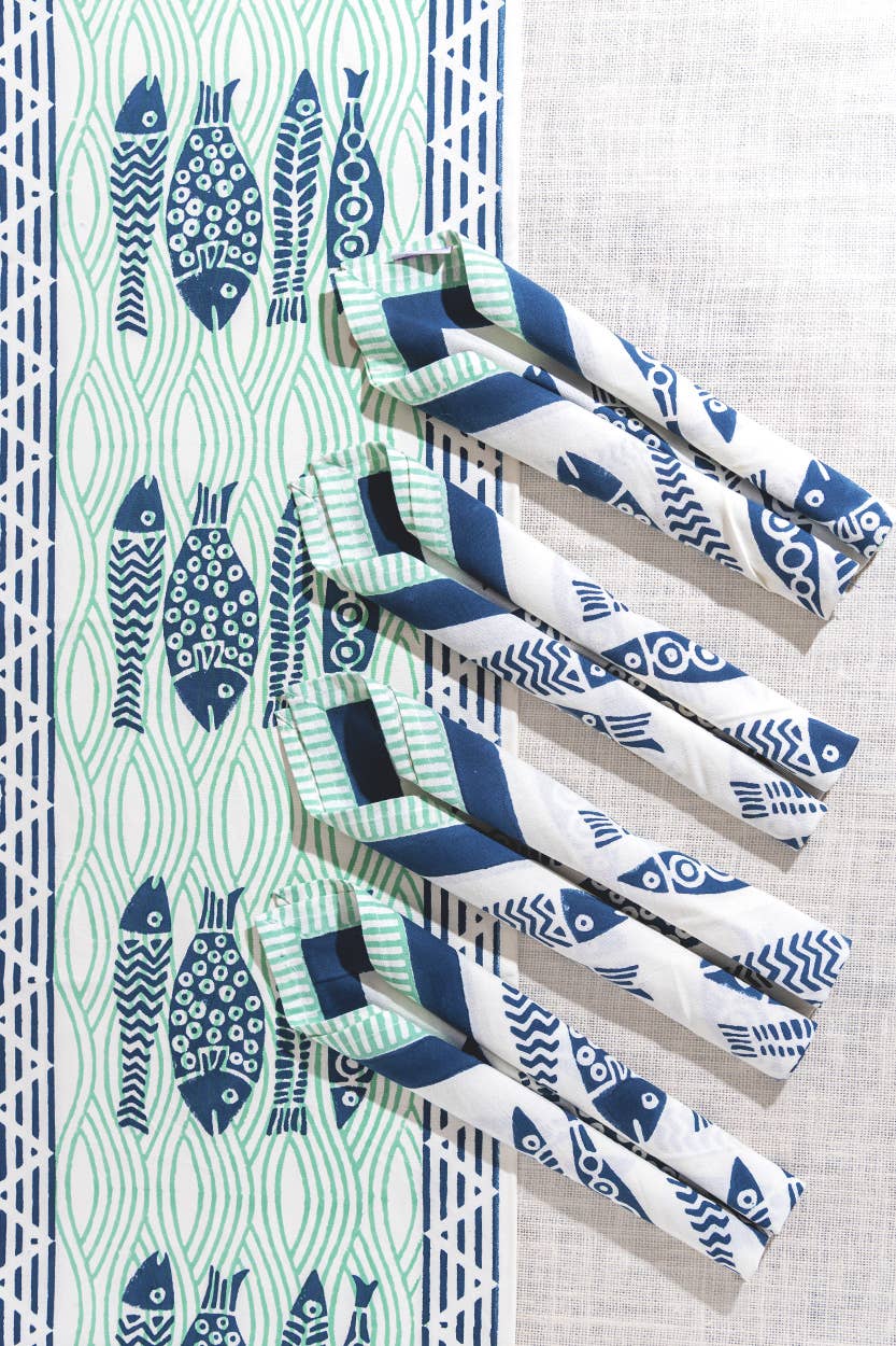 Fish Table Runner Navy/Mint