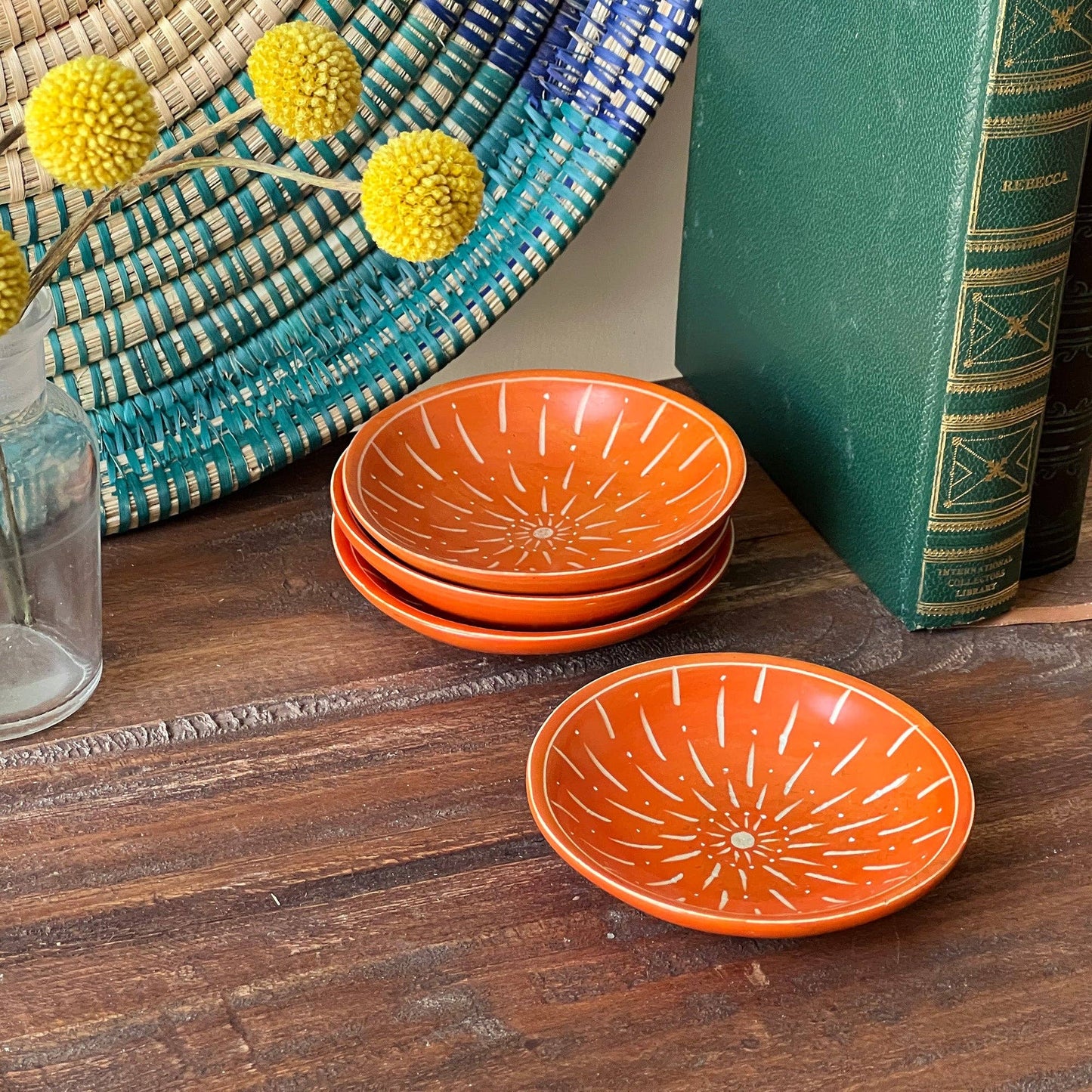 Painted Soapstone Carved Dish, Orange Etching