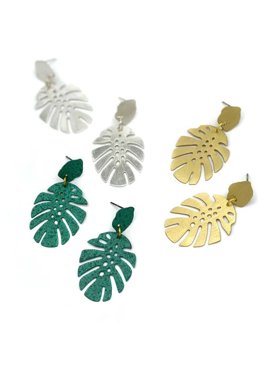 Monstera Studs: Teal Splatter