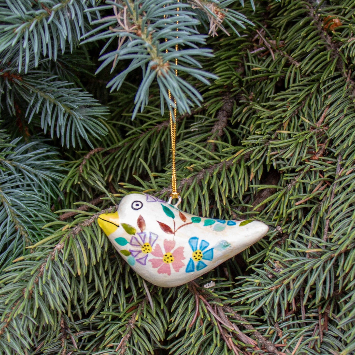 Handpainted Finch Bird Ornament Recycled Paper Mache