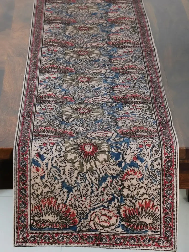 Rose and Navy Kalamkari Table Runner