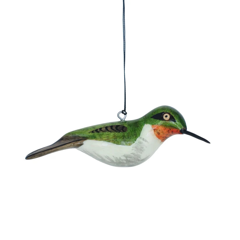 Hand-Carved Bird Ornament - Ruby-Throated Hummingbird