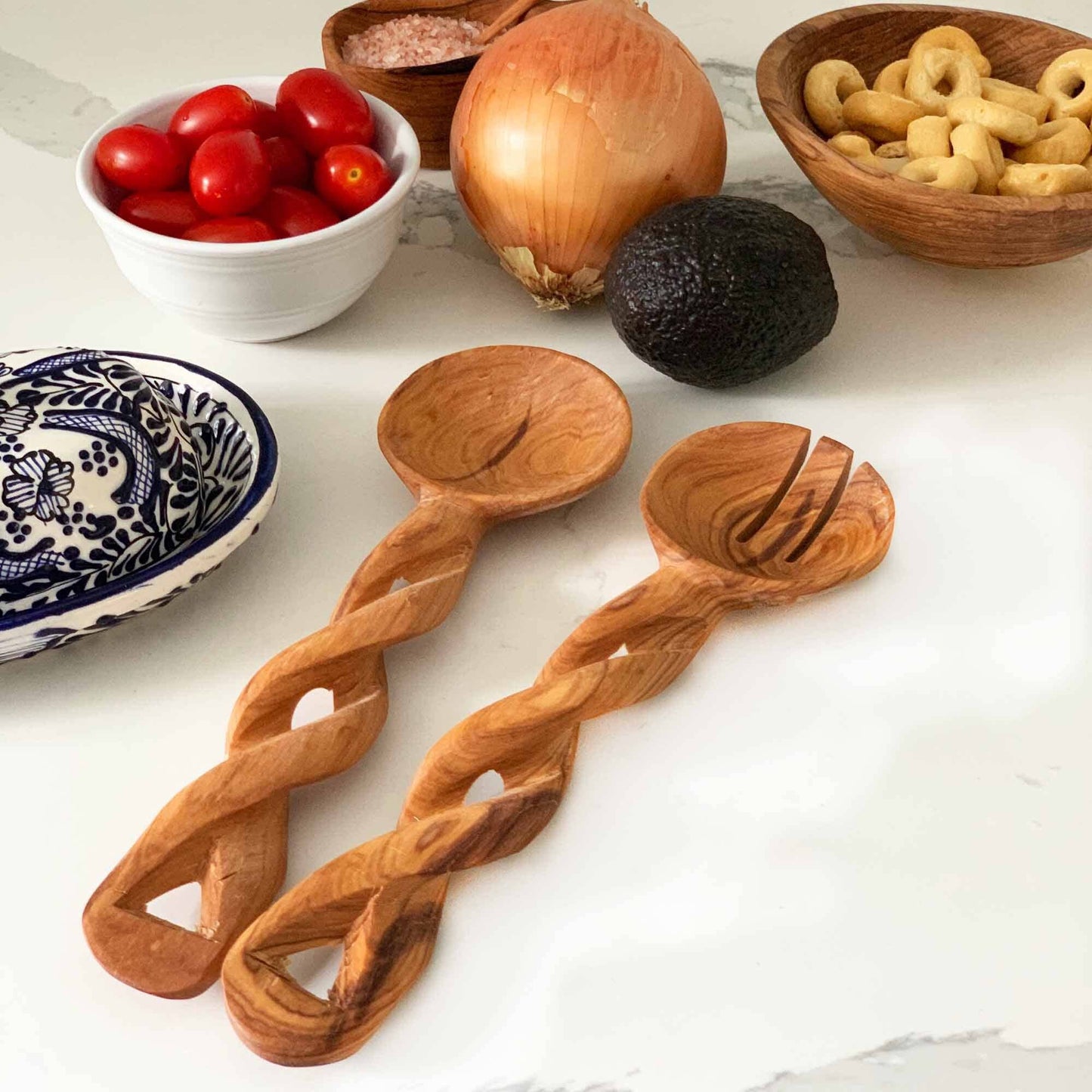 Olive Wood Serving Set - Braided Batik Handles