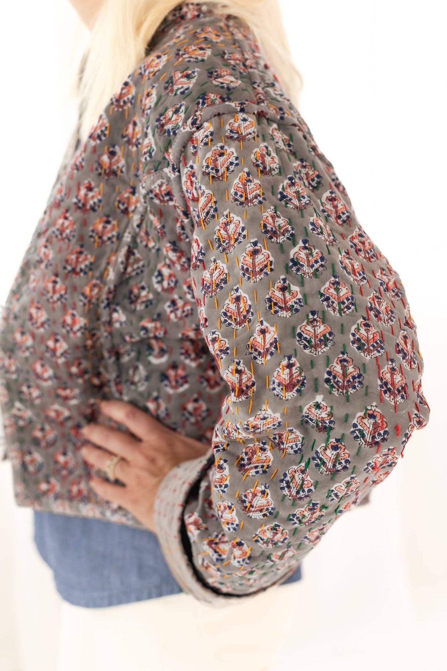 Gray Velvet & Block Print Kantha Jacket: L/XL