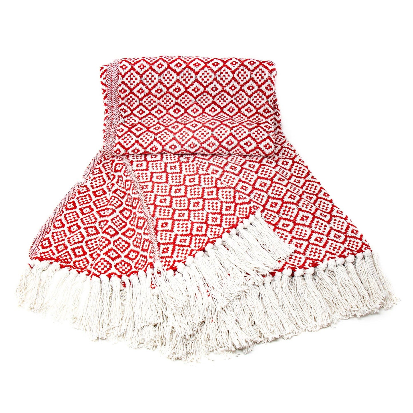 Recycled Cotton Decorative Throw with Tassels, Red & White