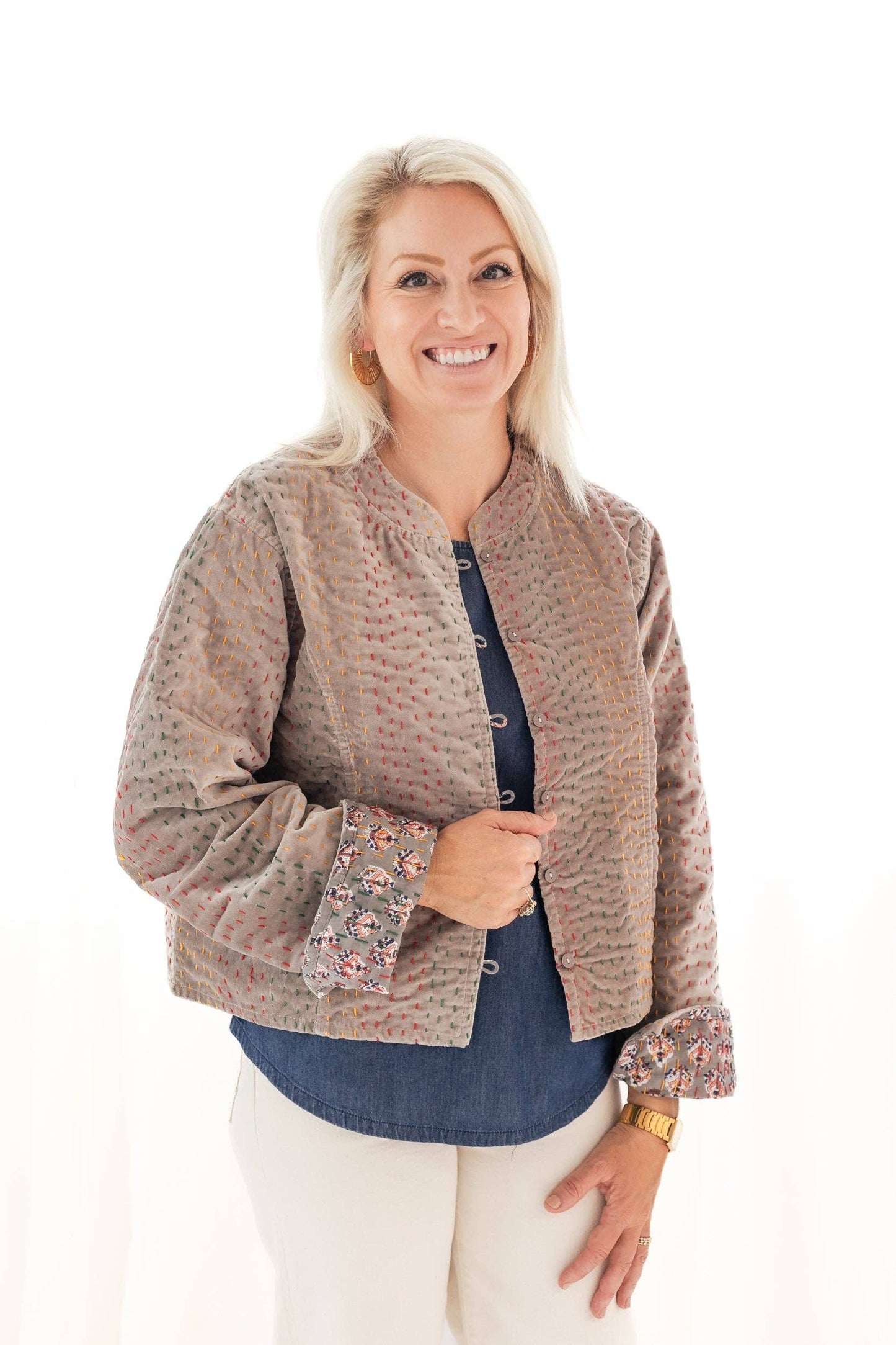 Gray Velvet & Block Print Kantha Jacket: L/XL