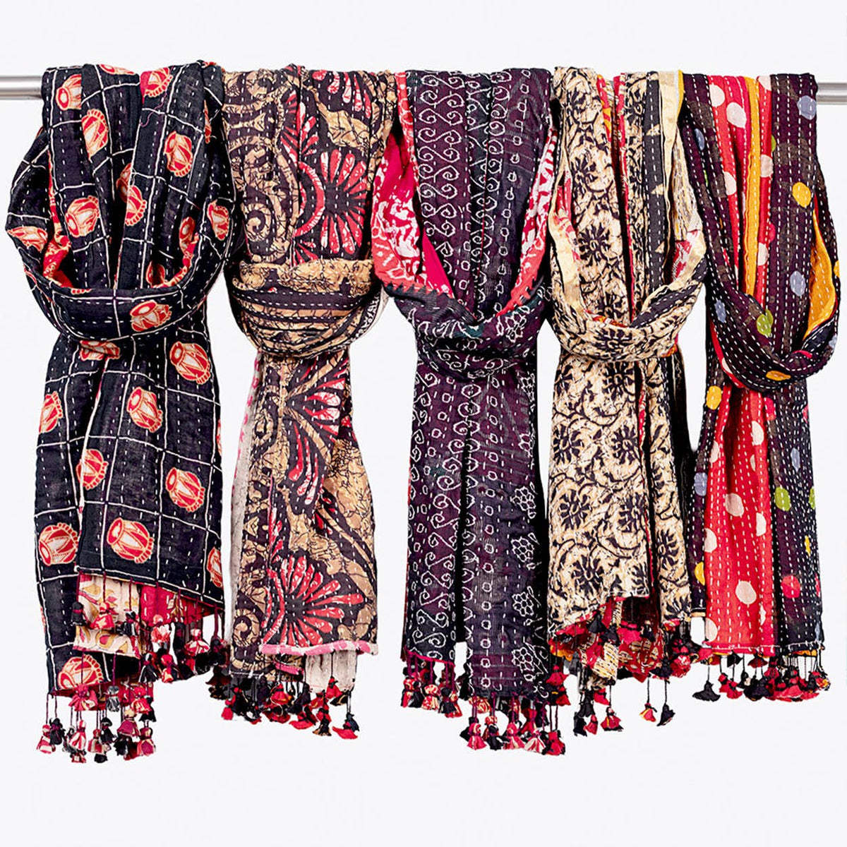 Black Kantha Tassel Scarves