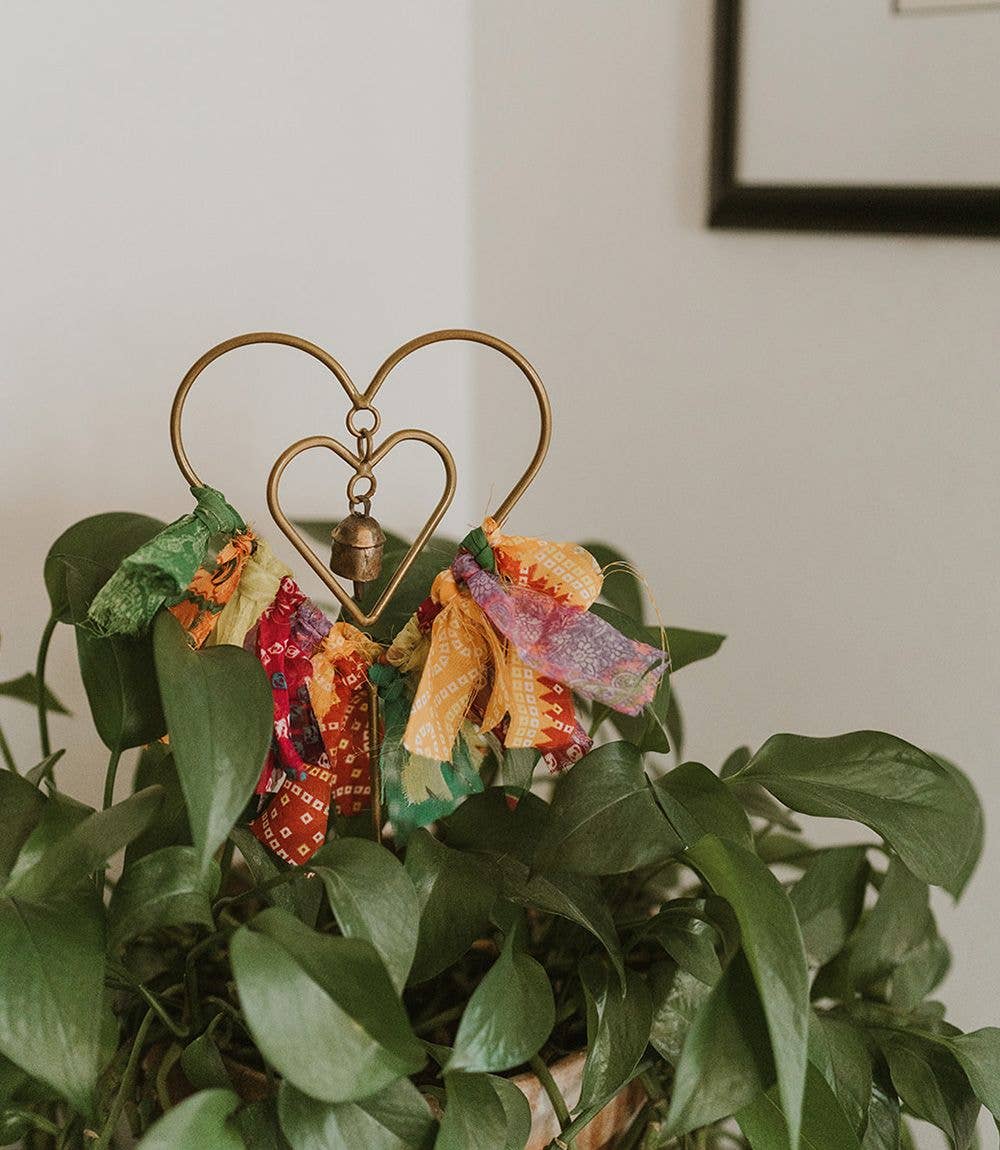 Swapna Heart Bell Garden Stake Upcycled Sari - Garden Decor
