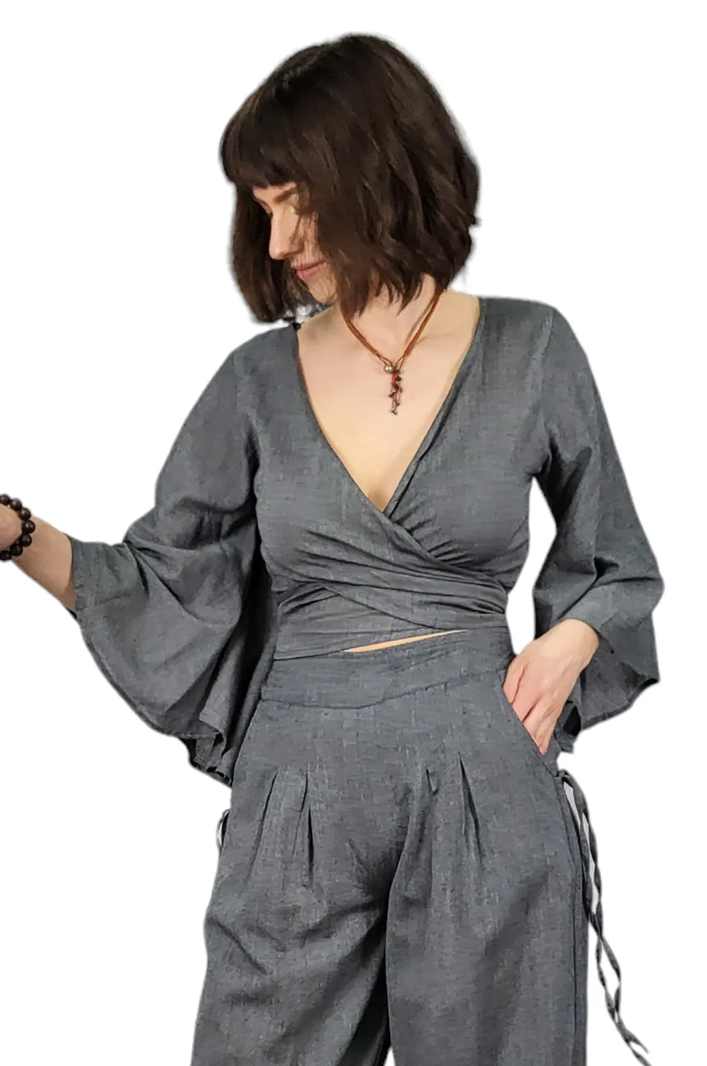Solid Bell Sleeve Wrap Top