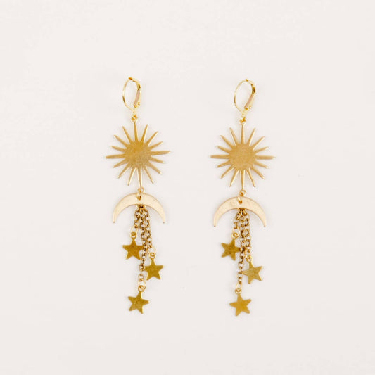 Sun and Moon Dangle Earring: Brass