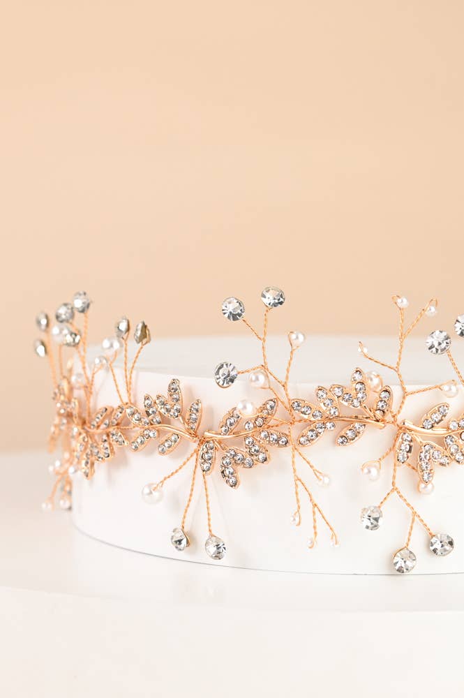 Ethereal Vine Gold Crystal and Pearl Silk Ribbon Headband