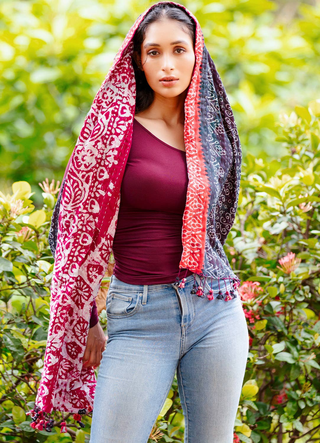 Black Kantha Tassel Scarves