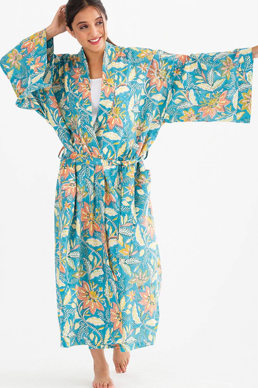 Lalita Block Print Kimono Robes: Turquoise