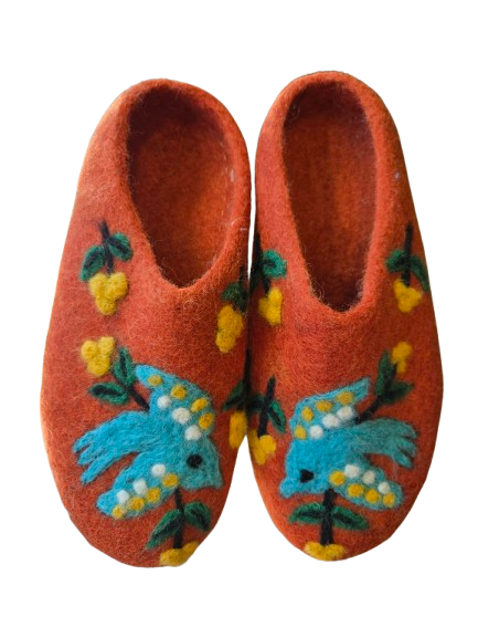 Felted Wool Slipper with Bird and Flower