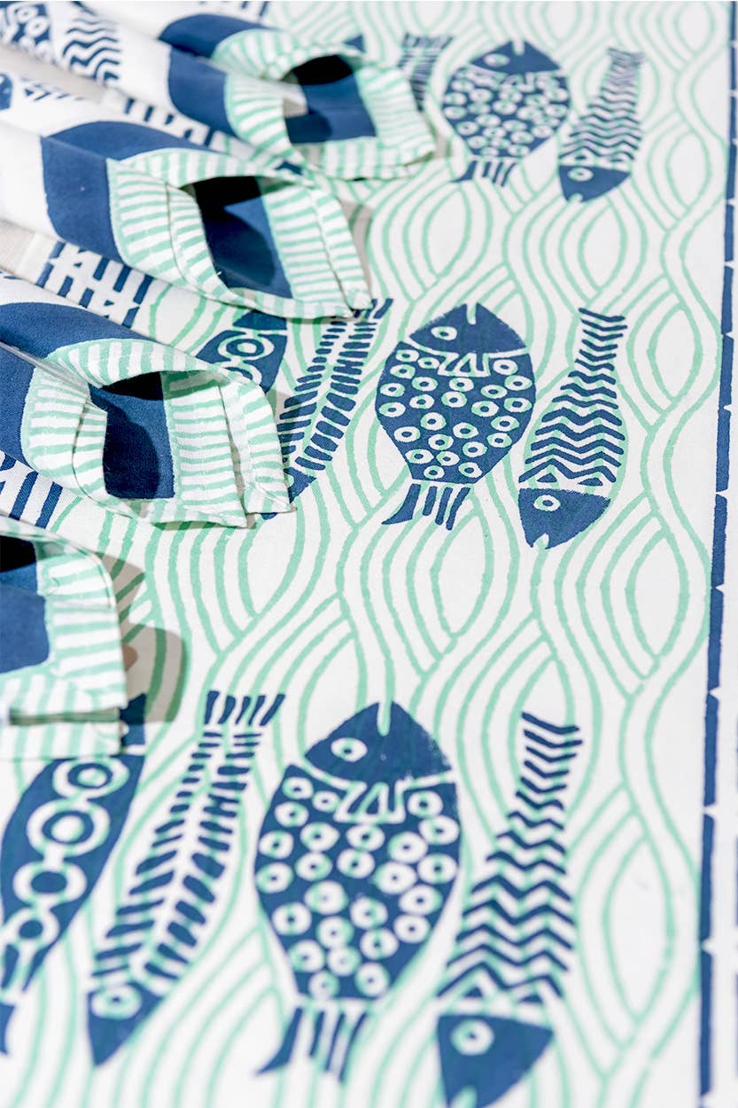 Fish Table Runner Navy/Mint