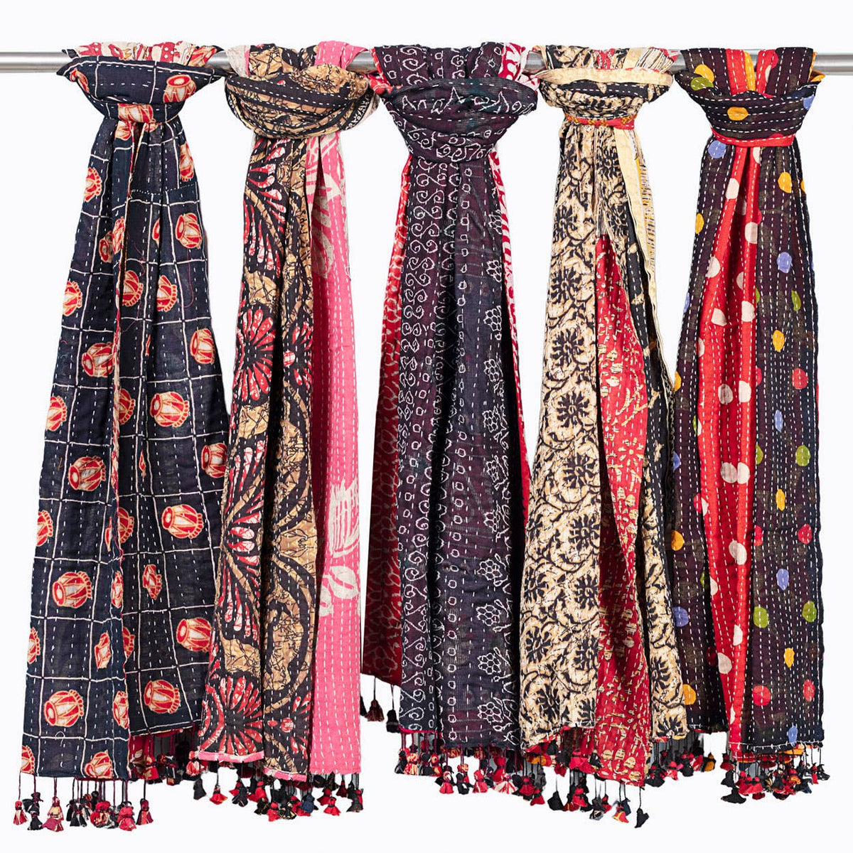 Black Kantha Tassel Scarves