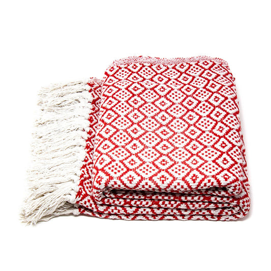 Recycled Cotton Decorative Throw with Tassels, Red & White