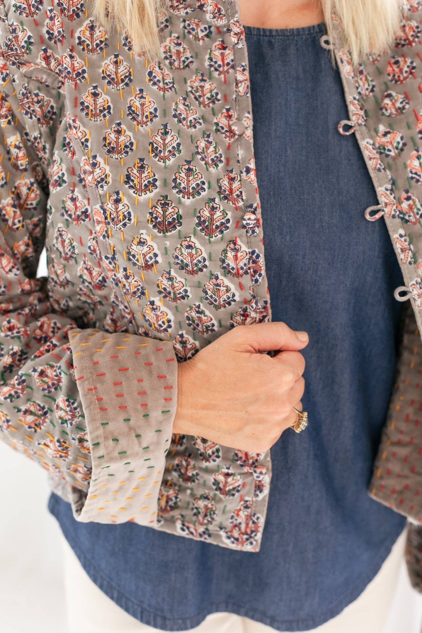 Gray Velvet & Block Print Kantha Jacket: L/XL