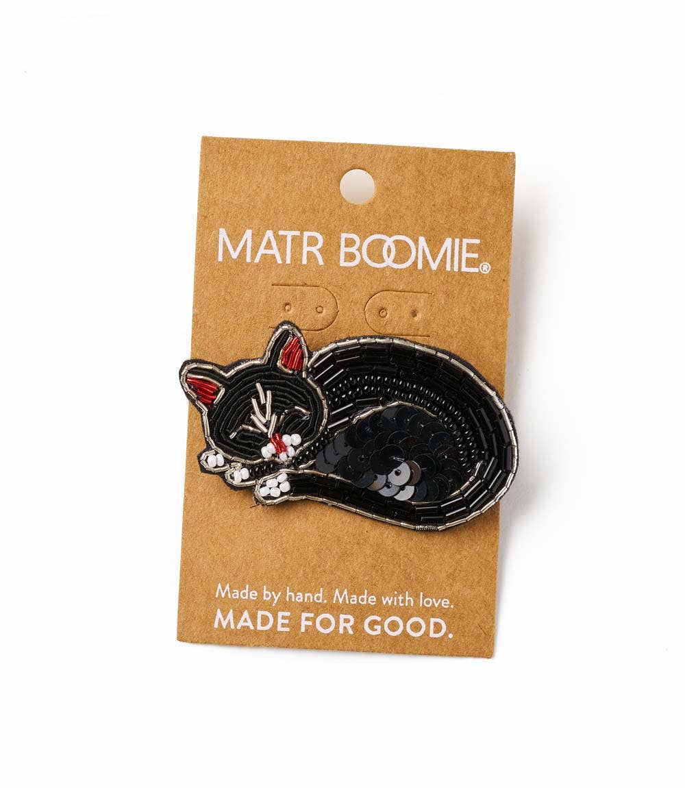 Bala Mani Beaded Sleeping Cat Brooch Pin - Handmade