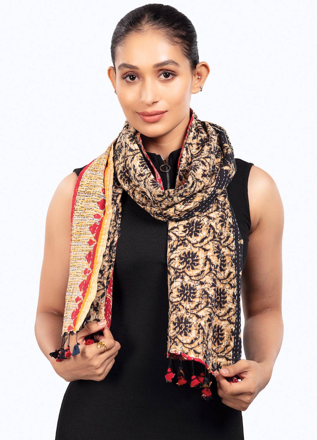 Black Kantha Tassel Scarves