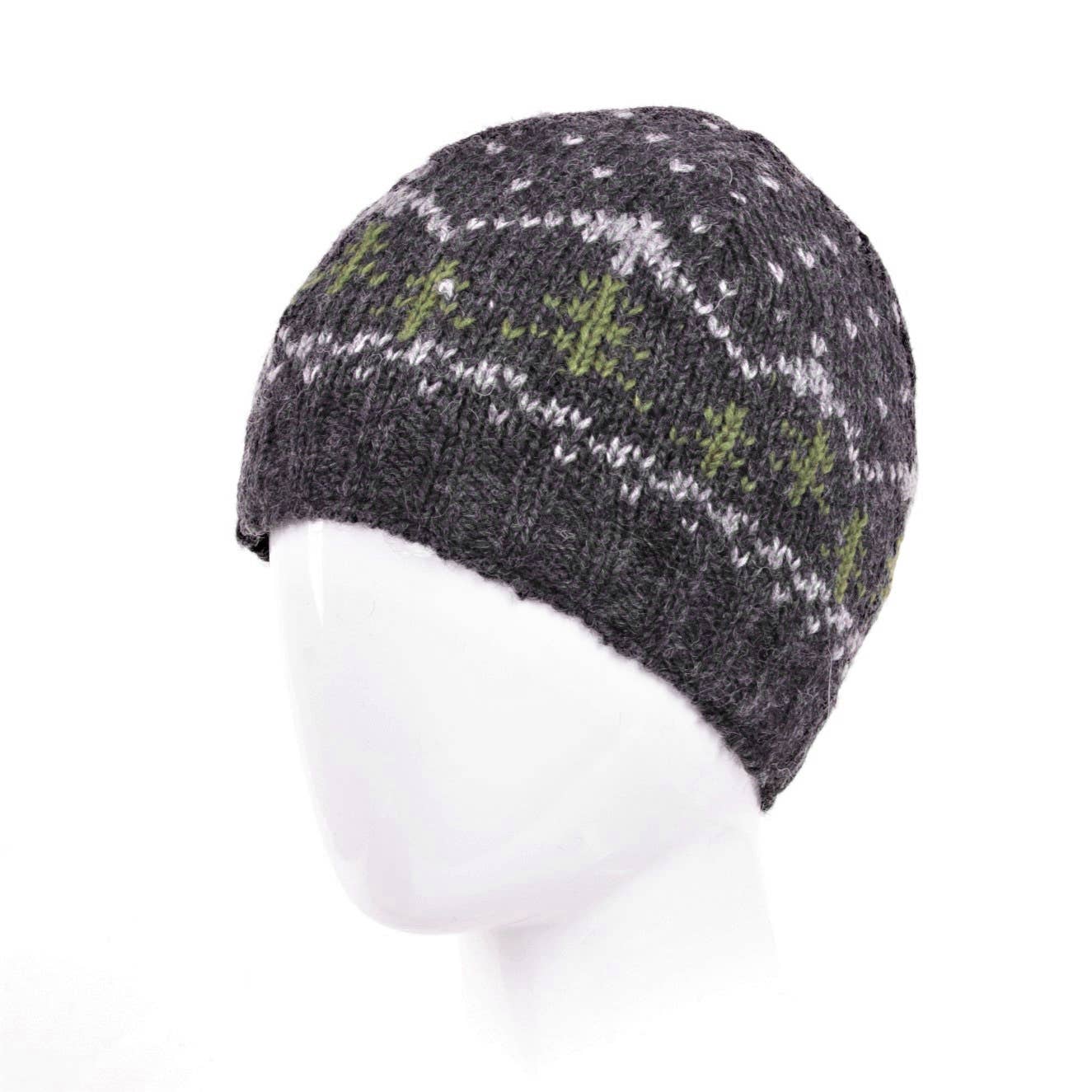 Appalachian Beanie Hat – Knit Wool with Forest Motif: Medium natural