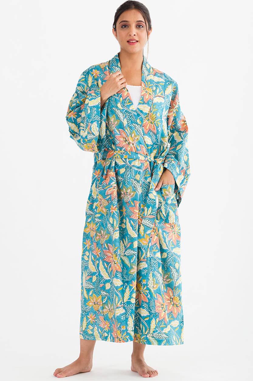 Lalita Block Print Kimono Robes: Turquoise
