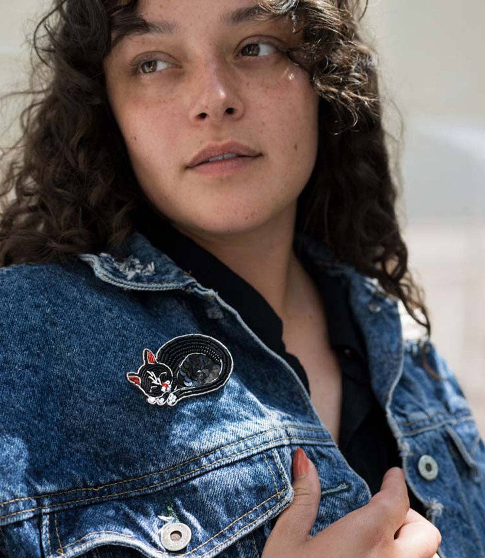 Bala Mani Beaded Sleeping Cat Brooch Pin - Handmade