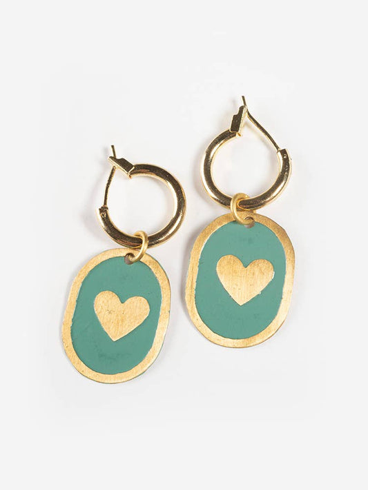 Enamel Heart Huggie Earrings Sage