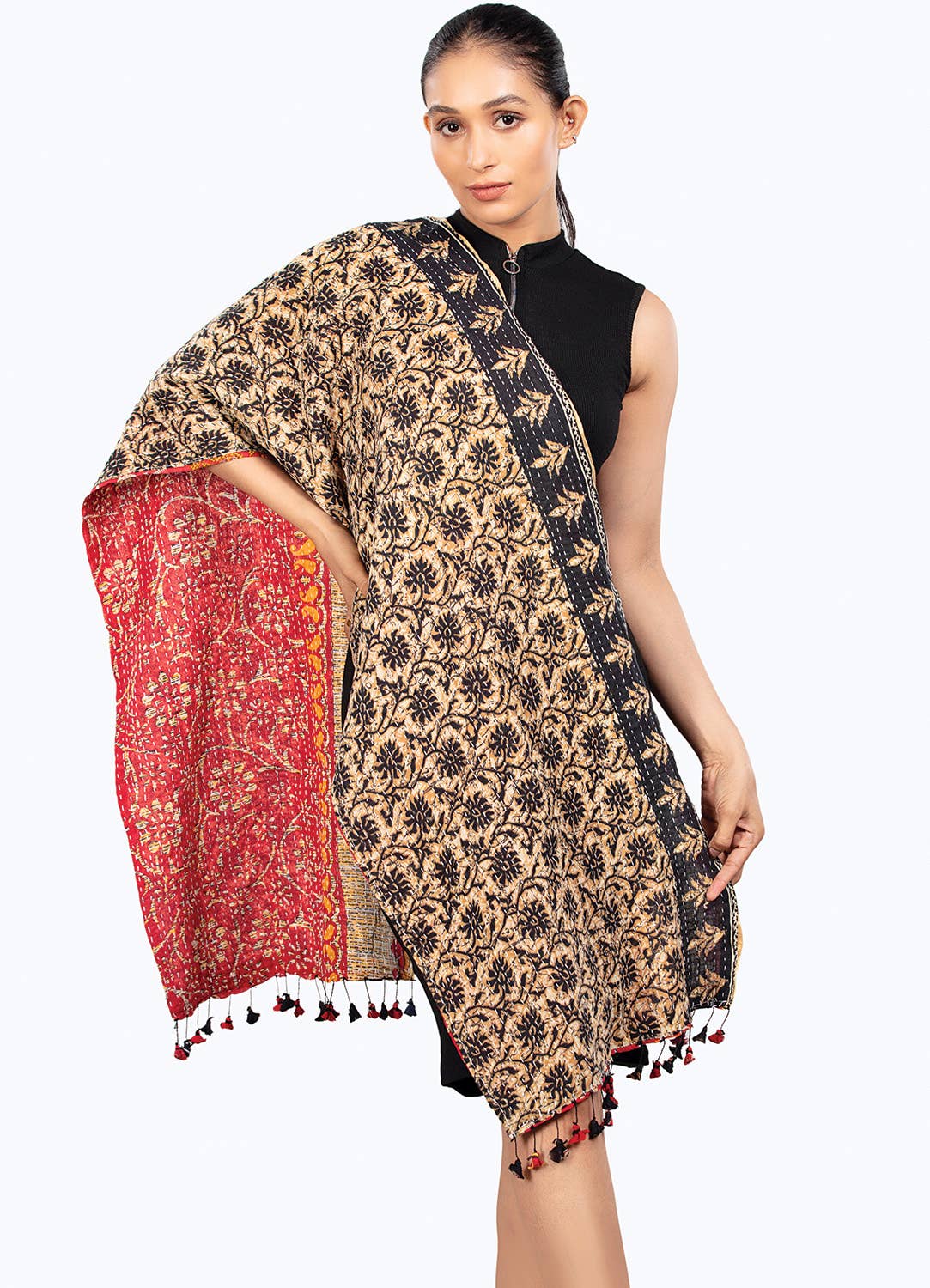 Black Kantha Tassel Scarves