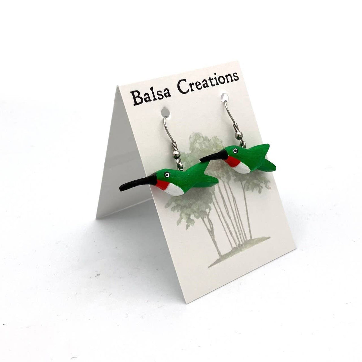 Ruby Throated Hummingbird Balsa Earrings