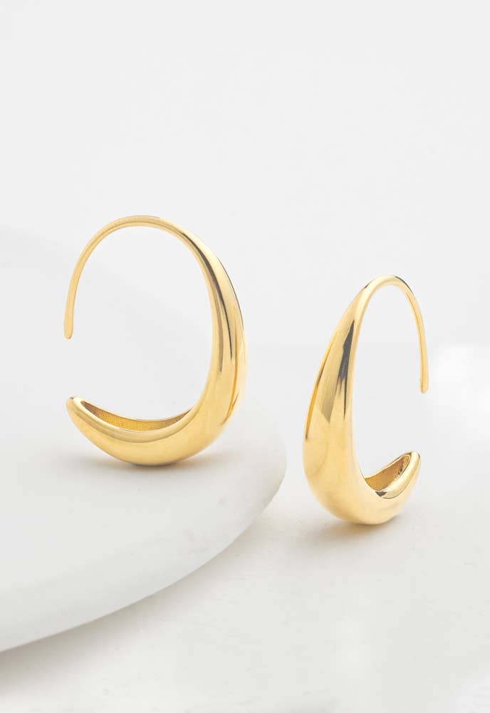 Crescent Moon Thread Drop Earrings in gold- 14K Gold Plated Huggie Hoop Earrings