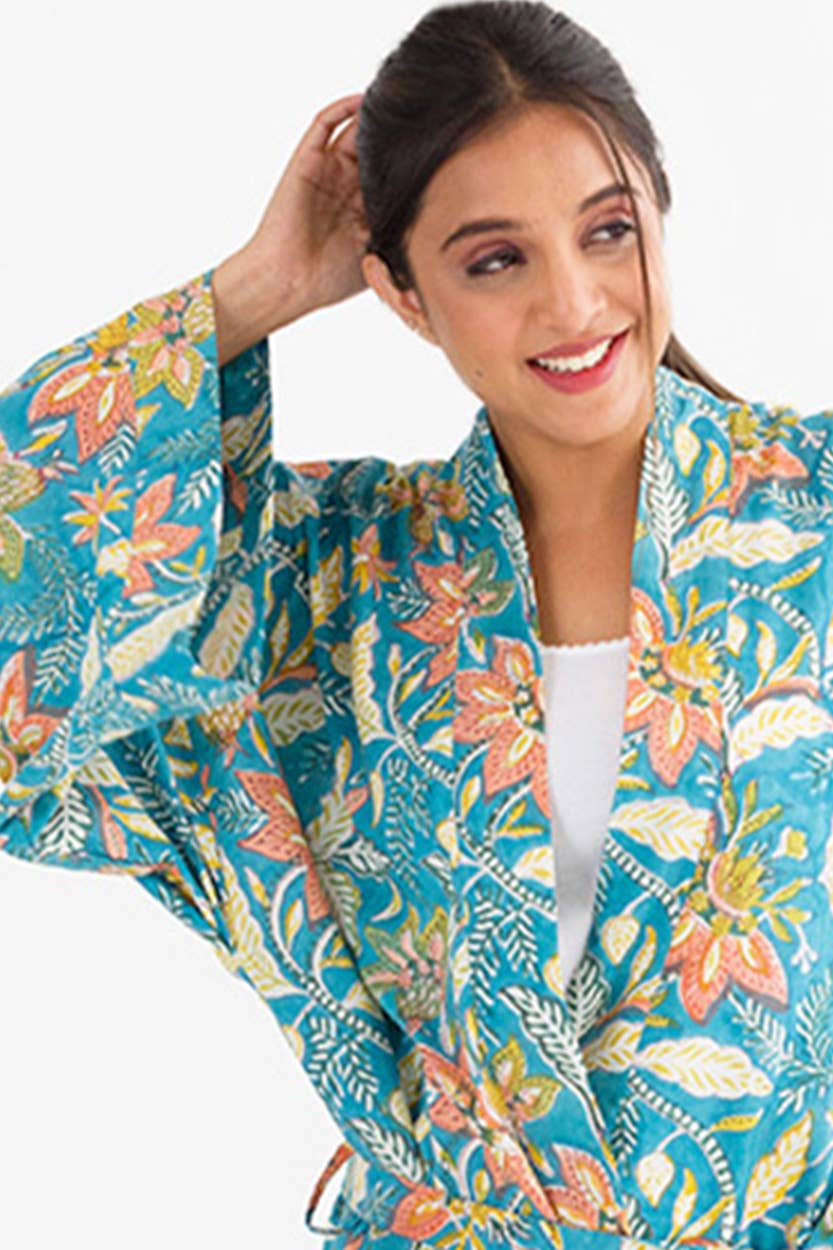Lalita Block Print Kimono Robes: Turquoise