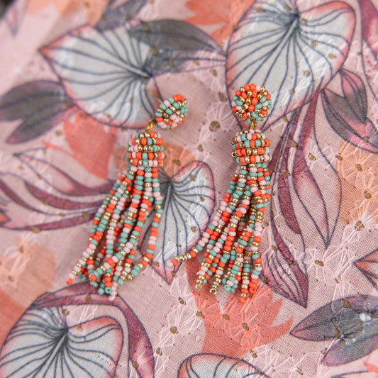 Coral Coast Beaded Tassel Earrings