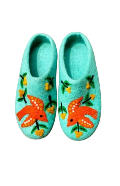 Felted Wool Slipper with Bird and Flower