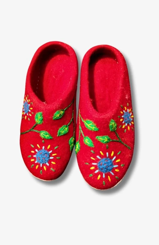 Handcrafted Felted Slipper with Rubber Sole, Sun & Leaf Design