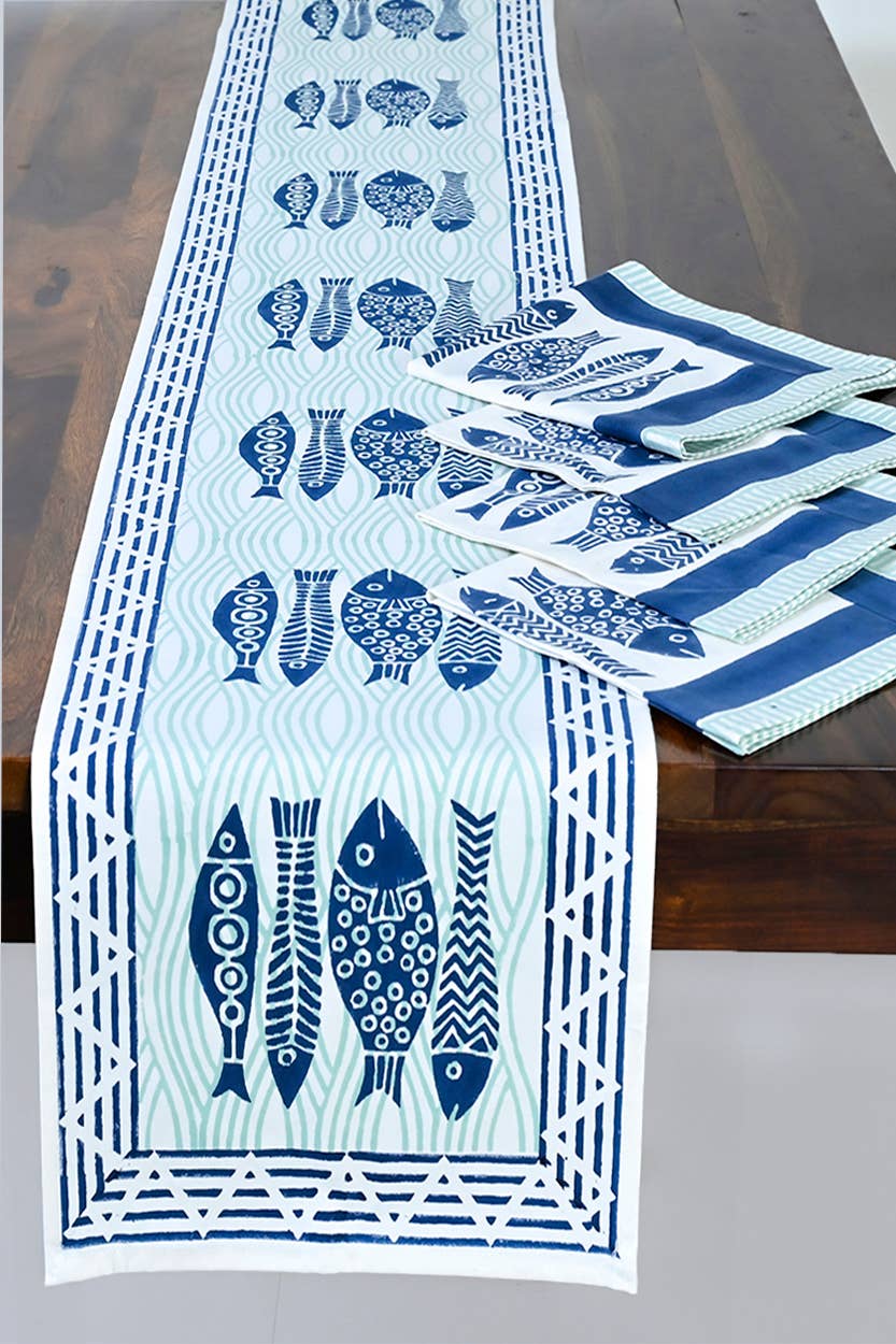 Fish Table Runner Navy/Mint