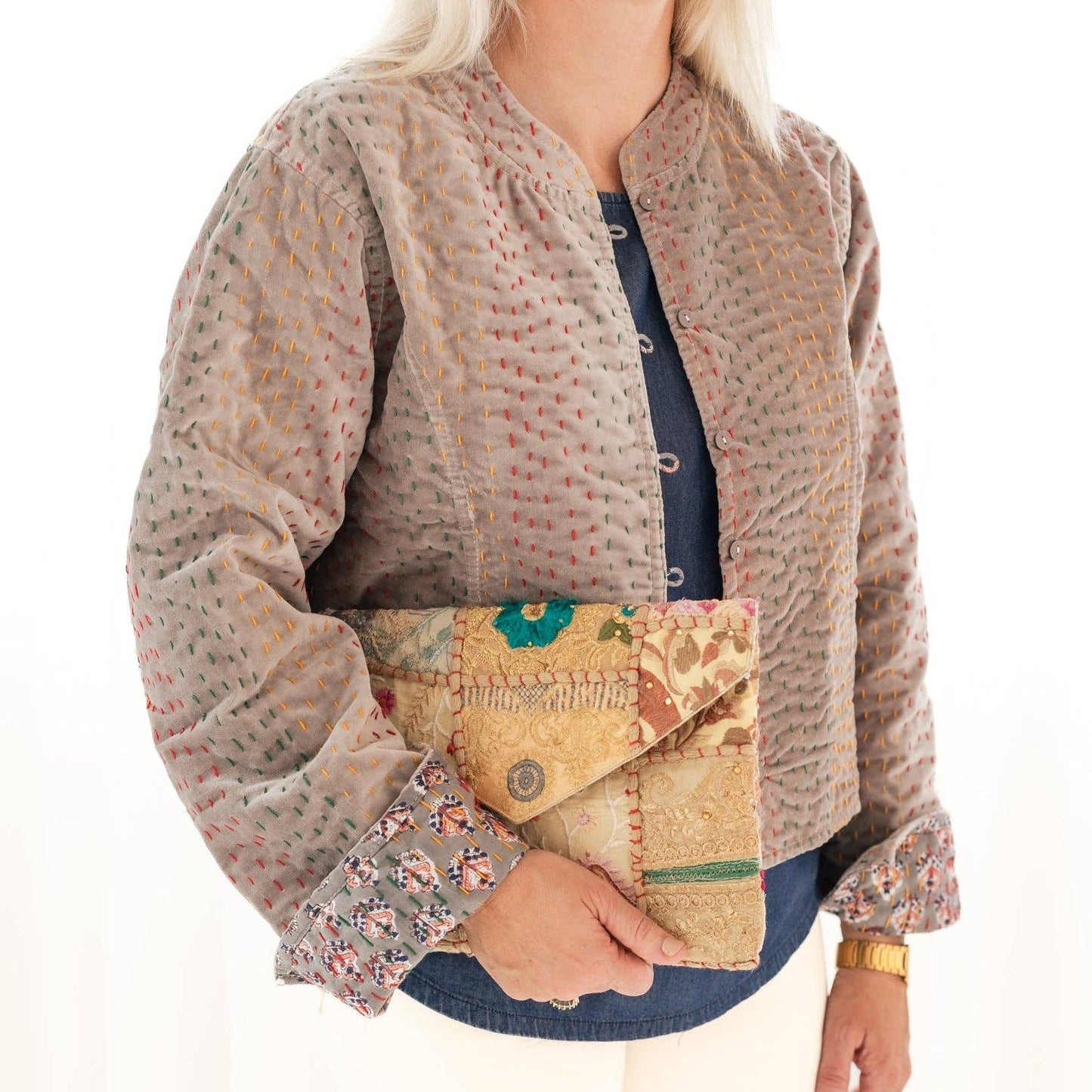 Gray Velvet & Block Print Kantha Jacket: L/XL