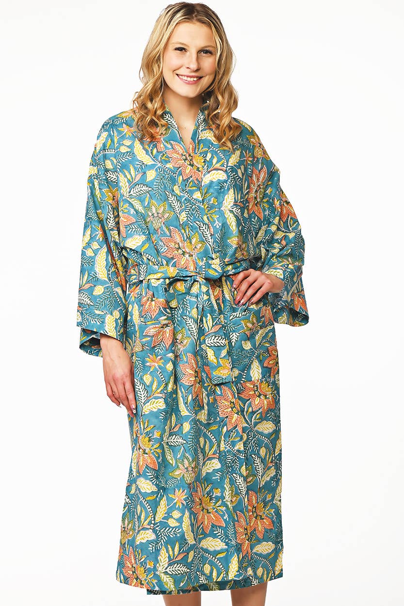 Lalita Block Print Kimono Robes: Turquoise