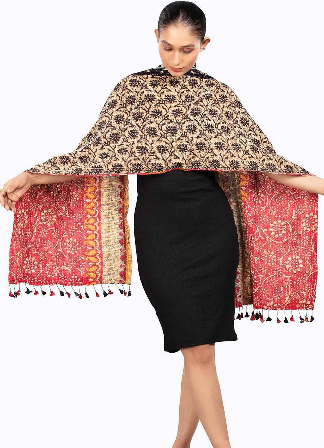 Black Kantha Tassel Scarves