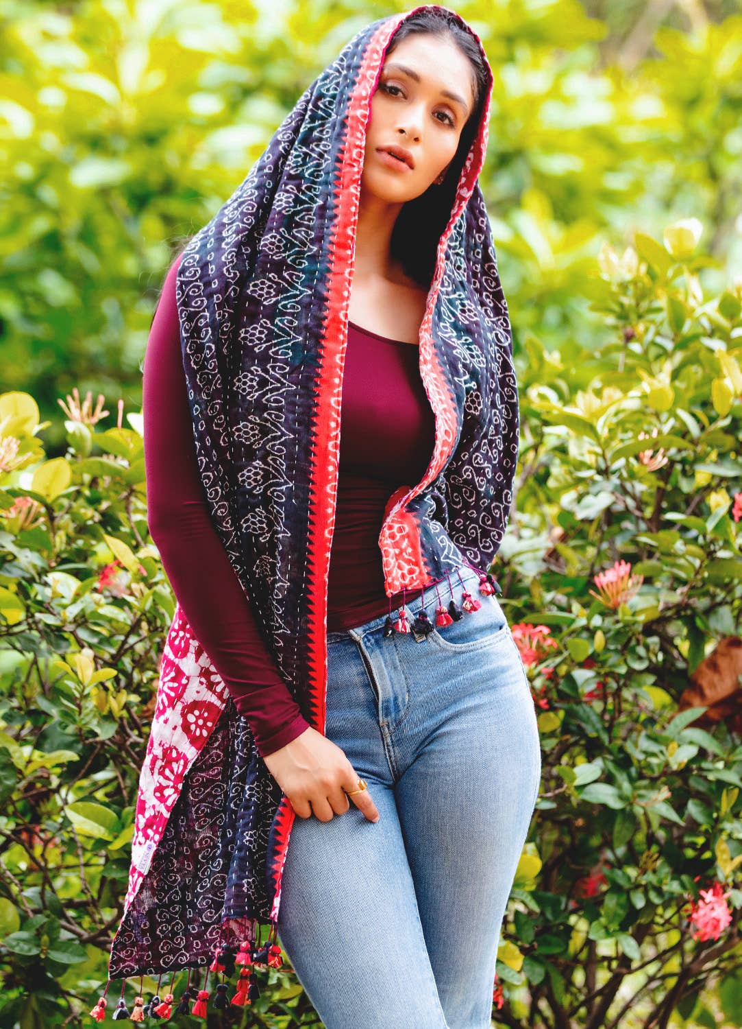 Black Kantha Tassel Scarves
