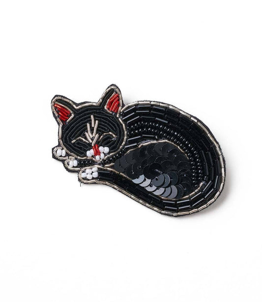 Bala Mani Beaded Sleeping Cat Brooch Pin - Handmade