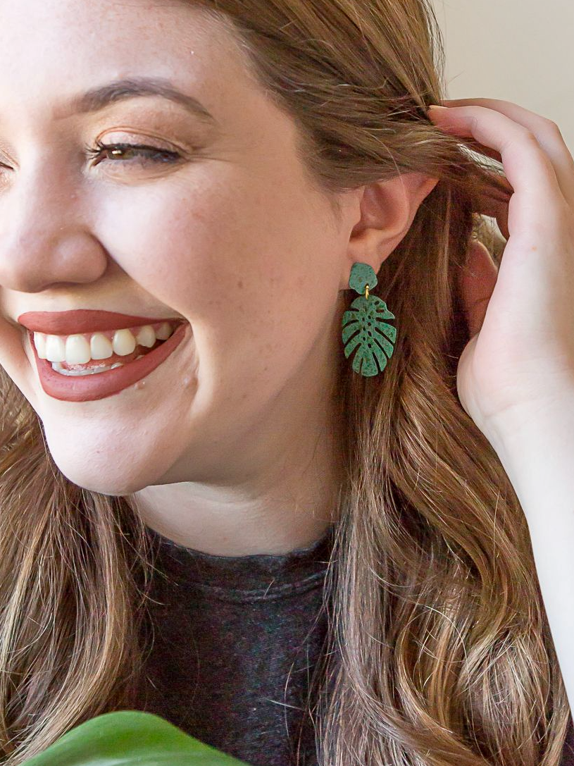 Monstera Studs: Teal Splatter