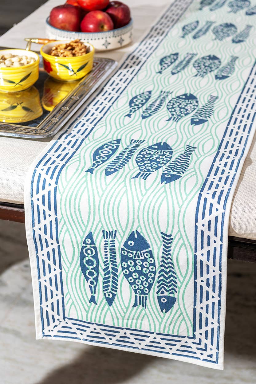 Fish Table Runner Navy/Mint