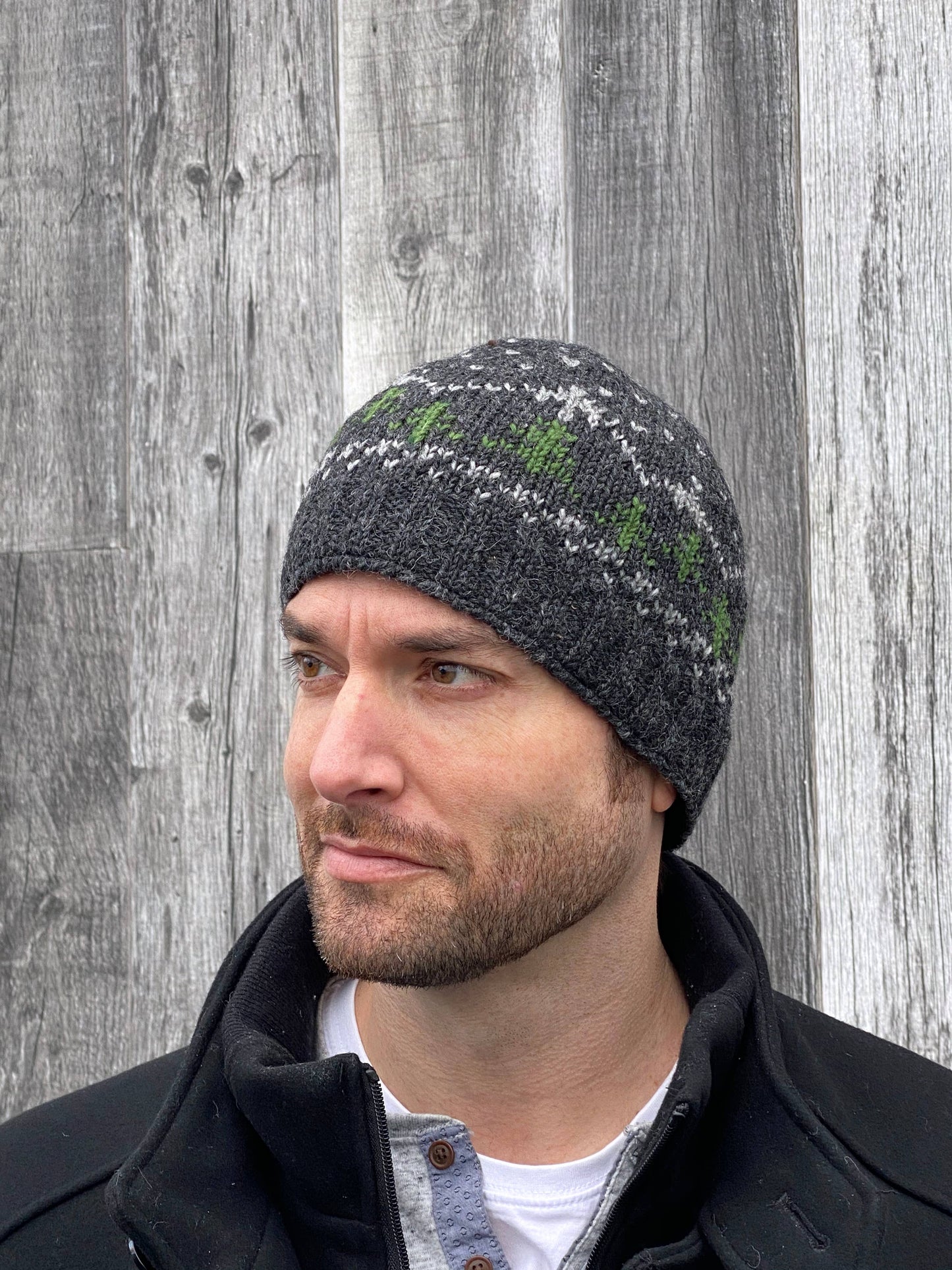 Appalachian Beanie Hat – Knit Wool with Forest Motif: Medium natural