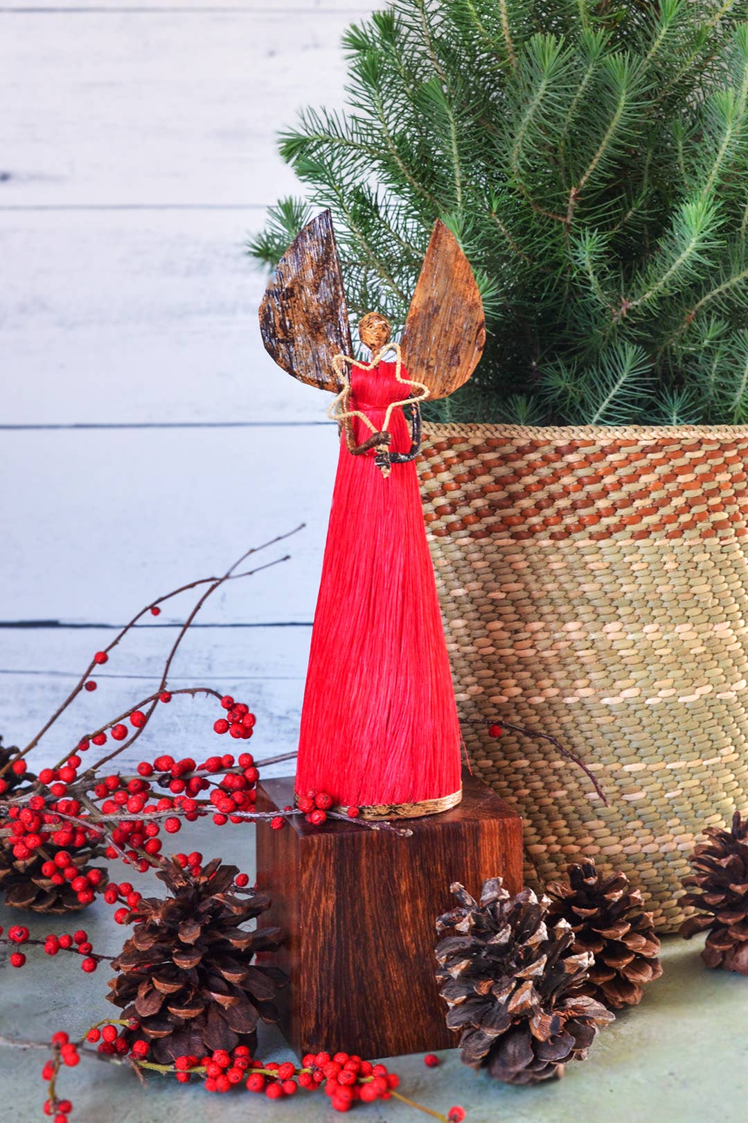 10" Red Sisal Angel of Love & Light Holiday Sculpture