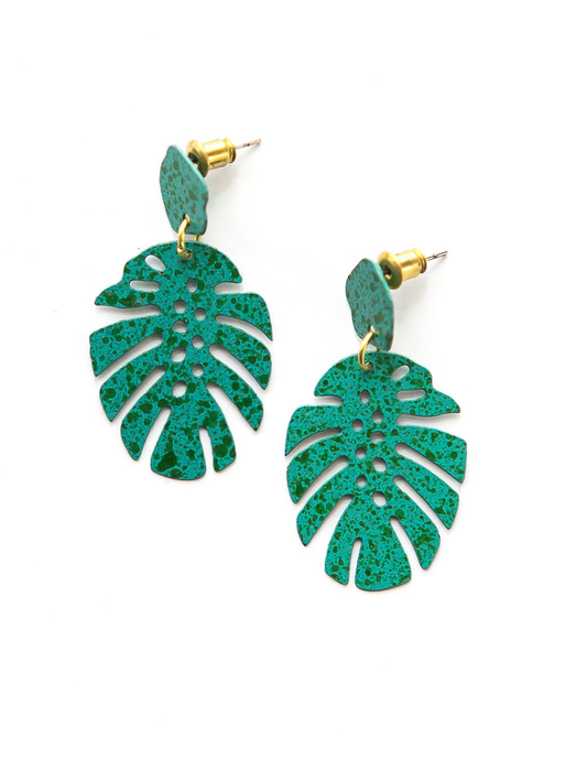 Monstera Studs: Teal Splatter
