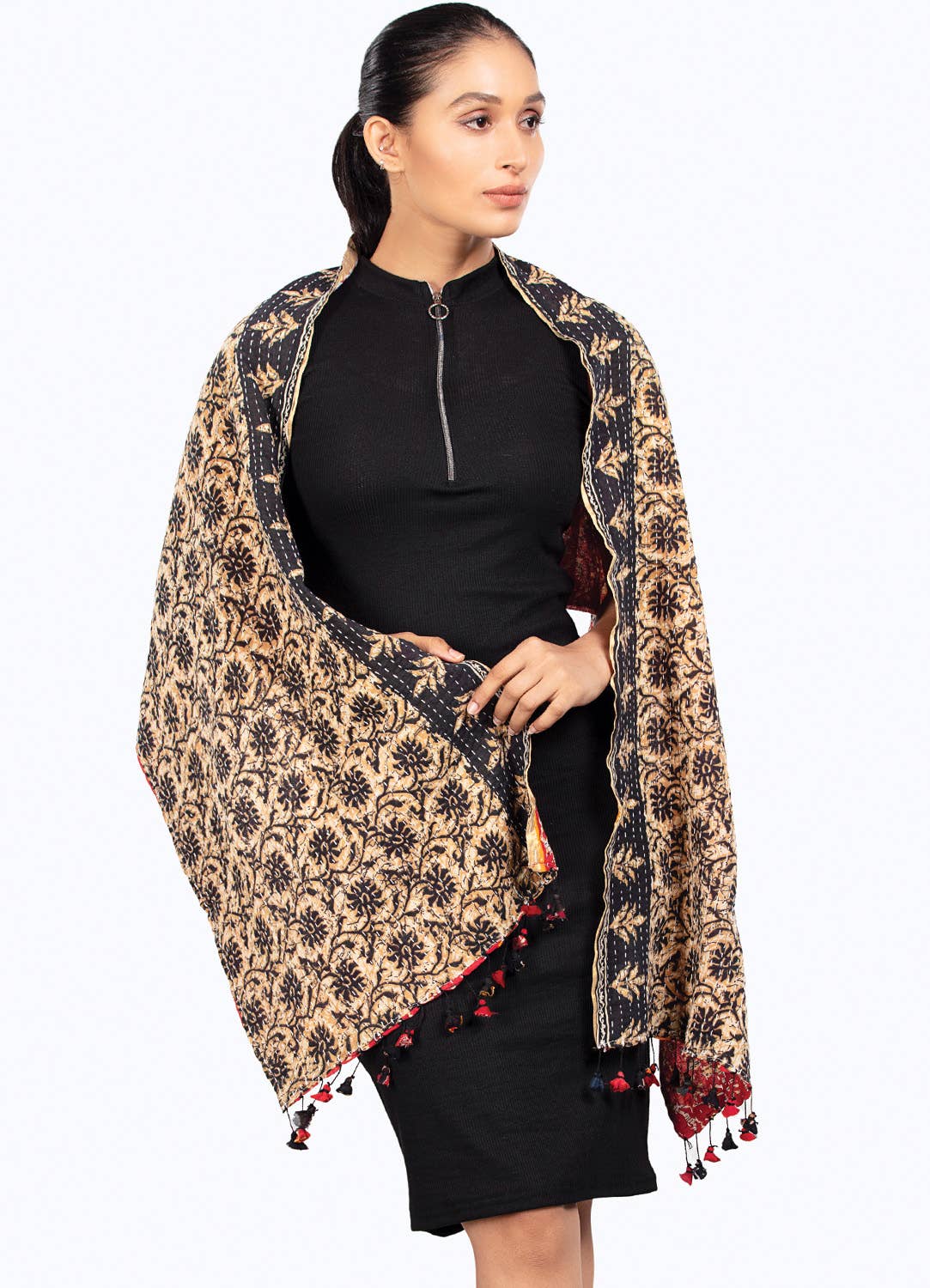 Black Kantha Tassel Scarves